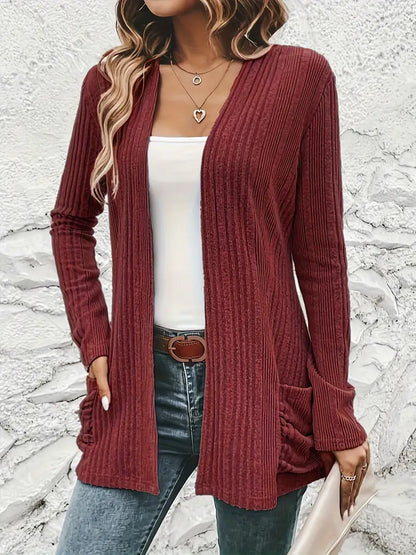 Sfrcord® Solid Open Front Rib Knit Cardigan